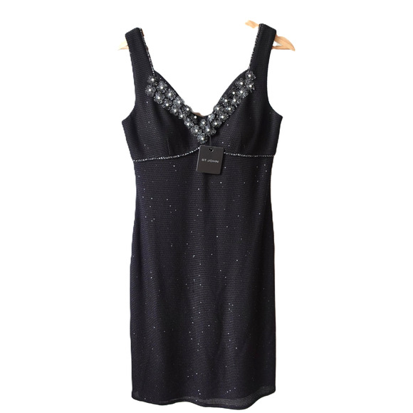 St John Dress Womens 6 Black Caviar Beaded Embellished Knit Cocktail NWT $1695 - Picture 1 of 12